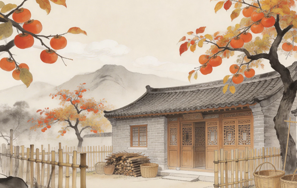 一树柿子映雪红